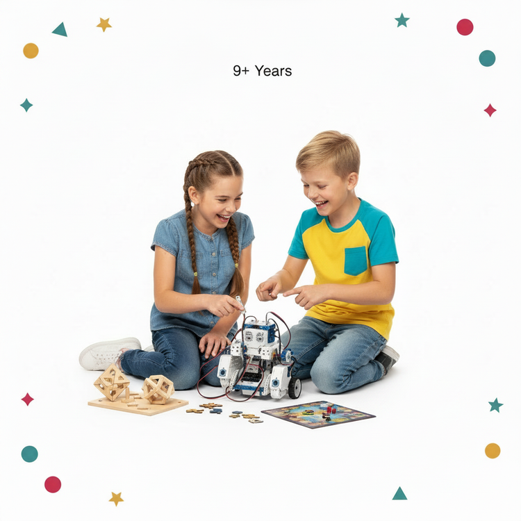 9+ Years collection photo with two kids building a robot kit
