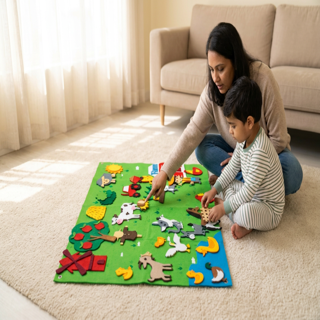 A woman and a young boy sit on a beige carpet in a living room, playing with a colorful animal-themed wooden puzzle mat. The bright green mat features various wooden animal pieces arranged in a farm and safari scene.