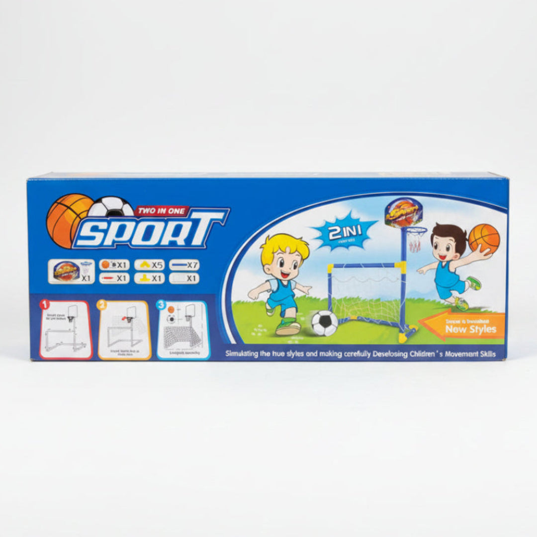 Two-in-one sports toy set packaging on a shelf "طقم رياضي للأطفال 2 في 1 يشمل مرمى كرة قدم متيناً وحلقة كرة سلة قابلة للتعديل. الصورة تظهر العلبة مع رسوم كرتونية لأطفال يمارسون الرياضة، بالإضافة إلى تفاصيل المكونات من كرات وأنابيب وموصلات."