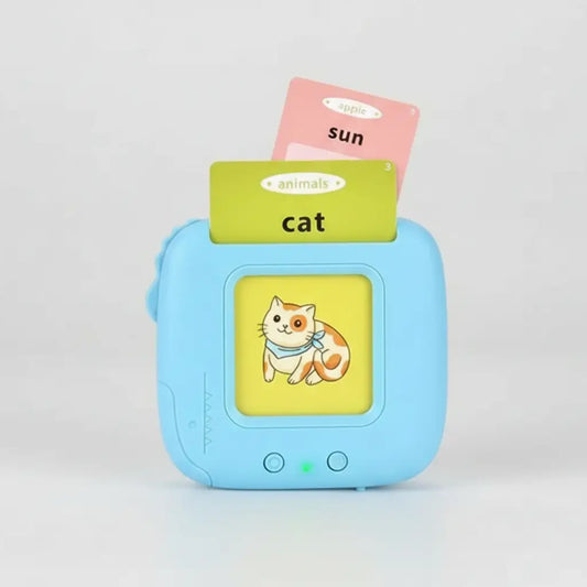 Educational device with a screen displaying an image of a cat and two flashcards on top.